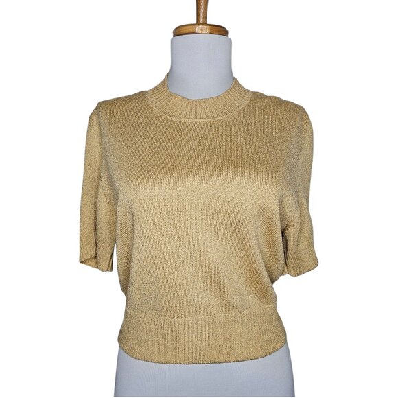 Vintage St. John Basics Metallic Knit Sweater Top Gold Short Sleeve Size P - Picture 1 of 10